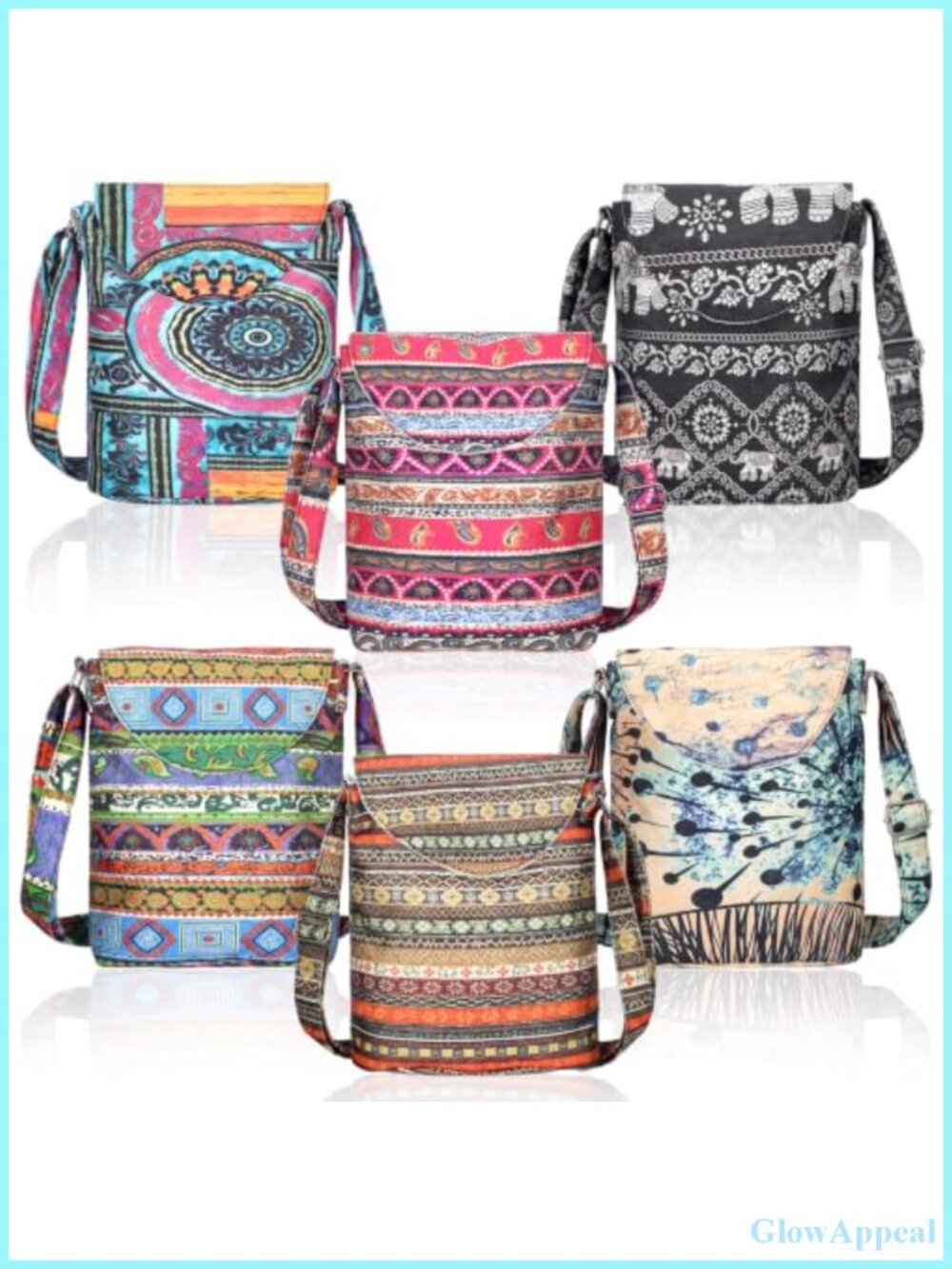6 Pack Boho Canvas Crossbody Bags Small Hippie Shoulder Purse Set Adjustable